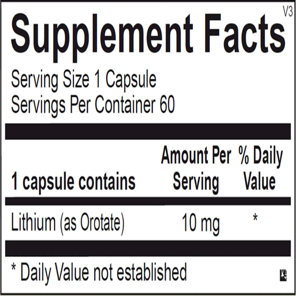 Ingredients and supplement facts for Lithium Orotate 10 mg capsules showing active lithium orotate and common capsule ingredients.