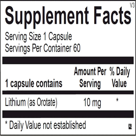 Ingredients and supplement facts for Lithium Orotate 10 mg capsules showing active lithium orotate and common capsule ingredients.