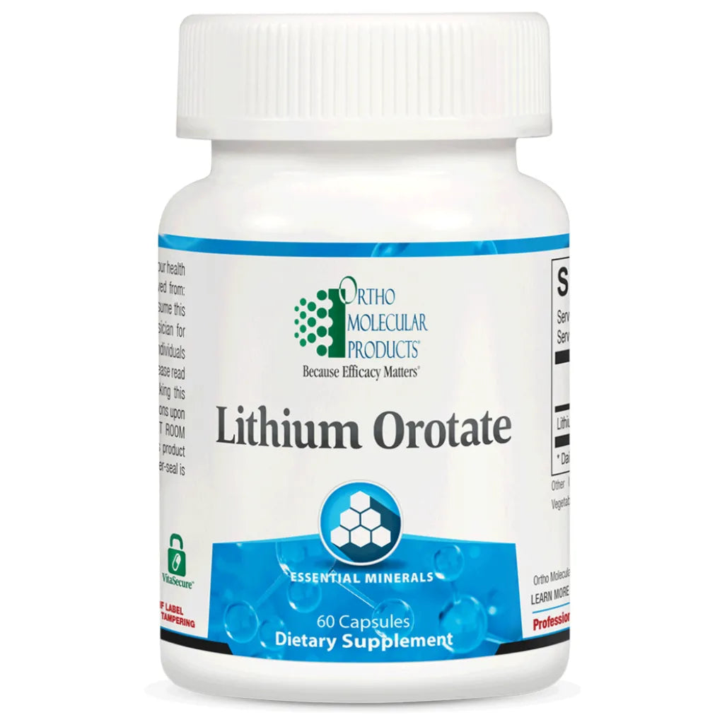 Ortho Molecular Lithium Orotate 10 mg trace mineral supplement for mood and brain support.