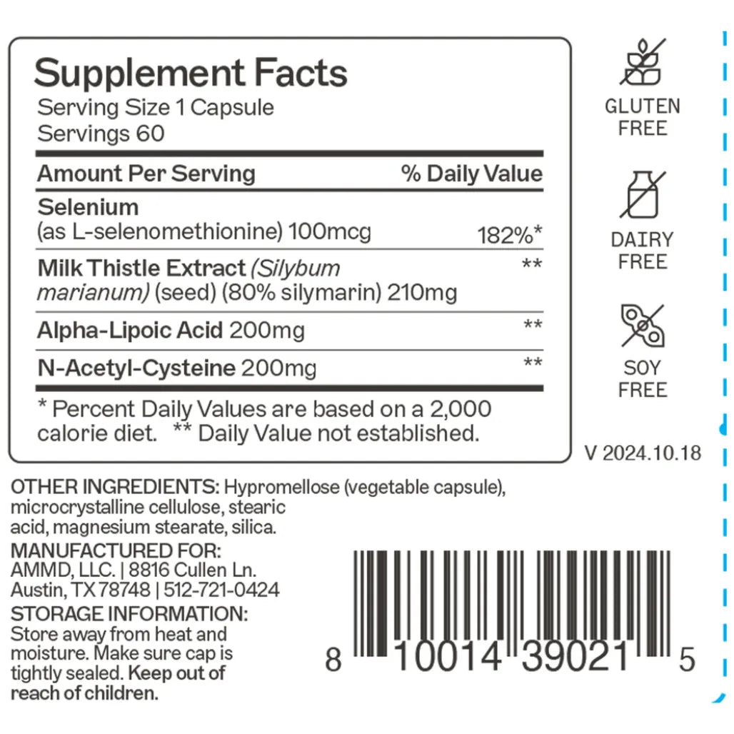 Supplement Facts label showing selenium, milk thistle extract, alpha-lipoic acid, and N-acetyl-cysteine for detox and liver support