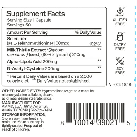 Supplement Facts label showing selenium, milk thistle extract, alpha-lipoic acid, and N-acetyl-cysteine for detox and liver support