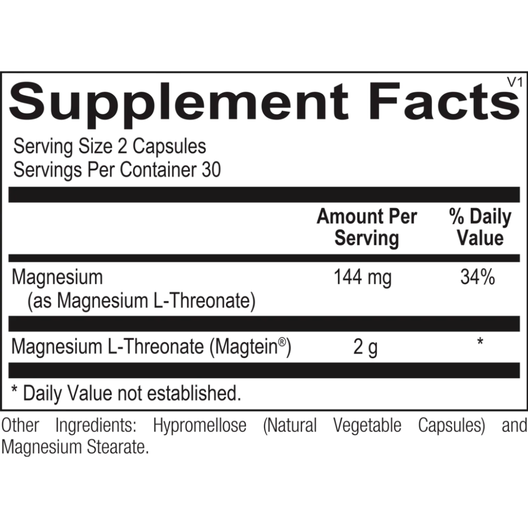 Ingredients list and supplement facts for Mag Threonate brain support capsules showing key active magnesium L‑threonate and excipients.