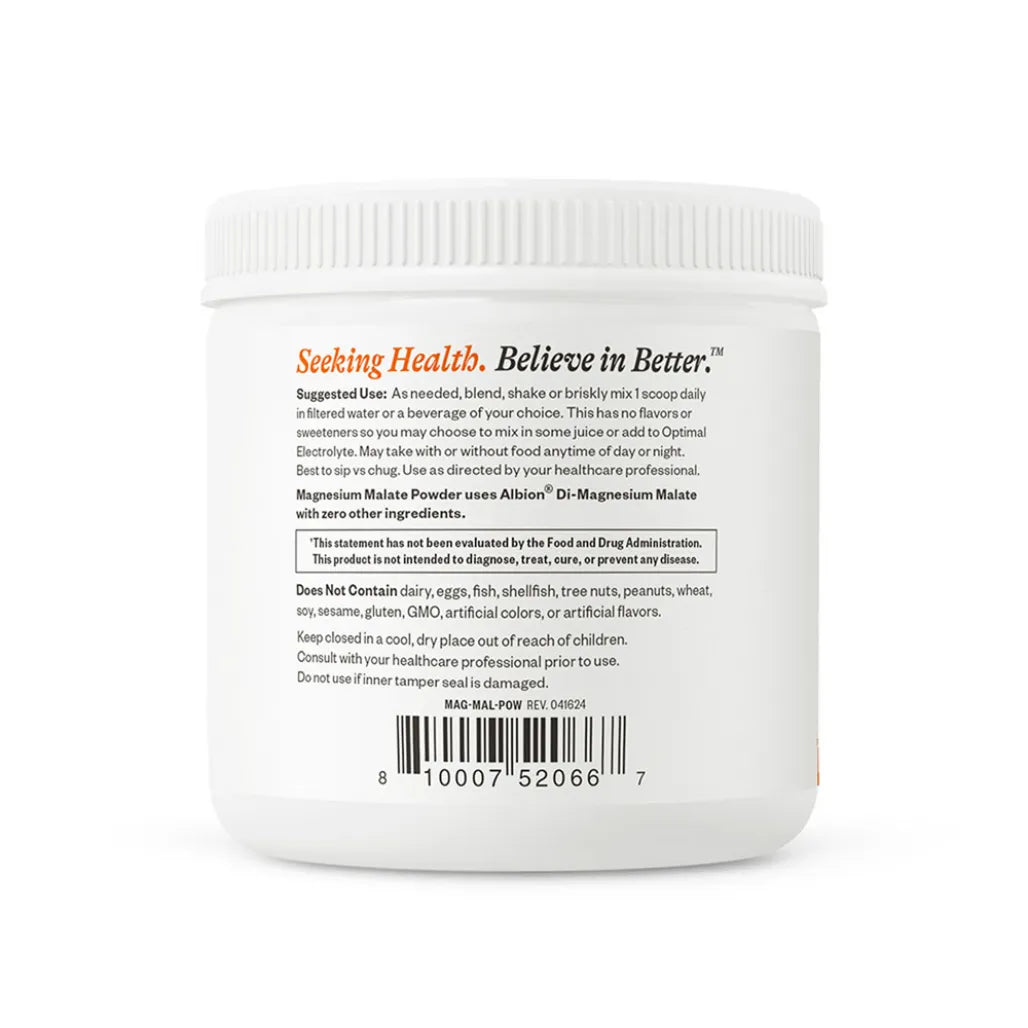 Seeking Health Magnesium Malate Powder ingredients label – dimagnesium malate form, pure mineral support for muscle, nerves and energy.