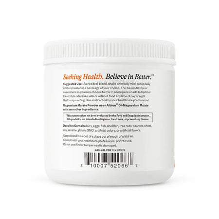 Seeking Health Magnesium Malate Powder ingredients label – dimagnesium malate form, pure mineral support for muscle, nerves and energy.