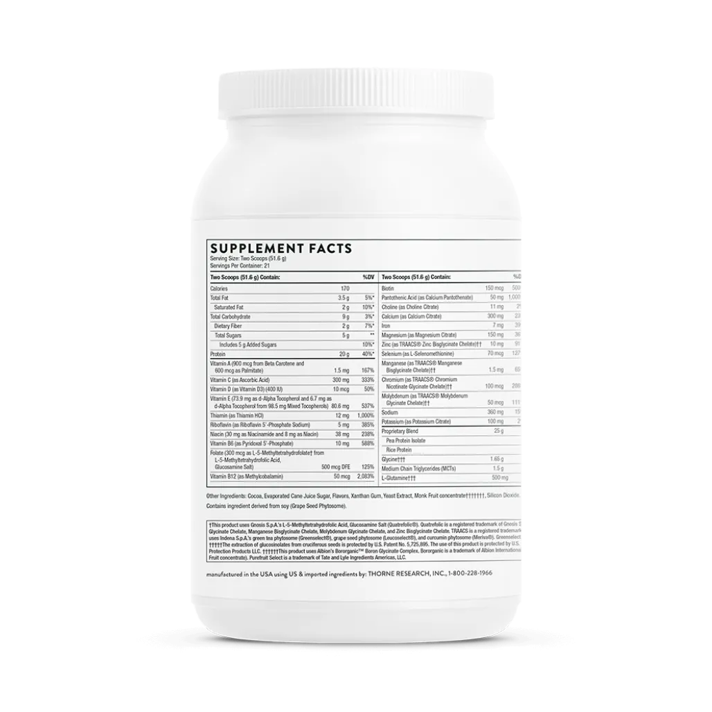 Thorne MediClear-SGS Chocolate Flavored 38.2 oz supplement facts