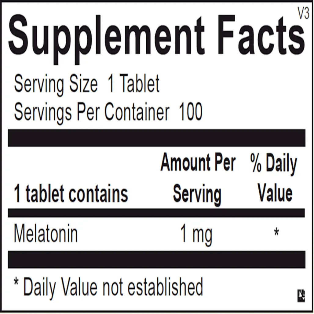 Supplement facts and ingredients label for Ortho Molecular Products Melatonin showing melatonin amount per tablet