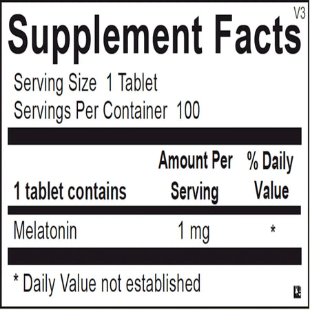 Supplement facts and ingredients label for Ortho Molecular Products Melatonin showing melatonin amount per tablet
