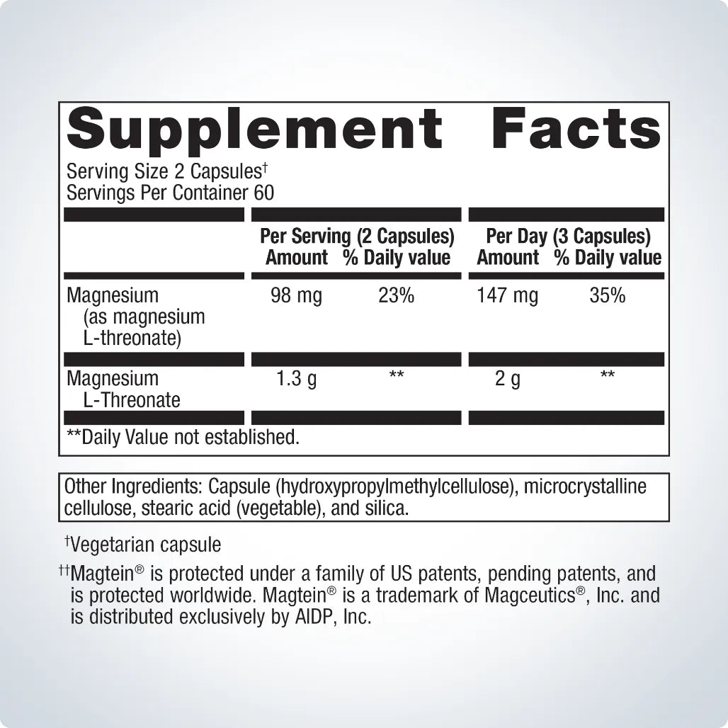 Mag L-Threonate Nutrition Facts Label Showing Magnesium L-Threonate Ingredient and Dietary Supplement Details