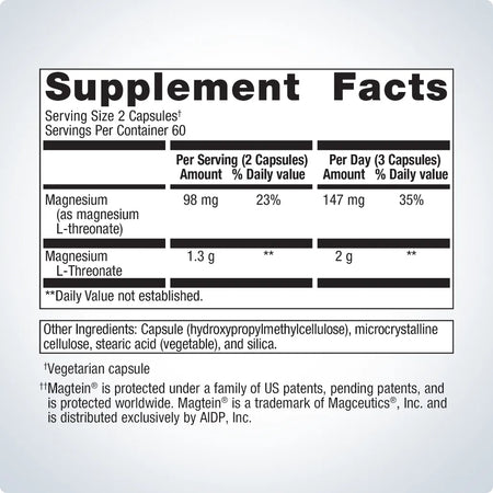 Mag L-Threonate Nutrition Facts Label Showing Magnesium L-Threonate Ingredient and Dietary Supplement Details