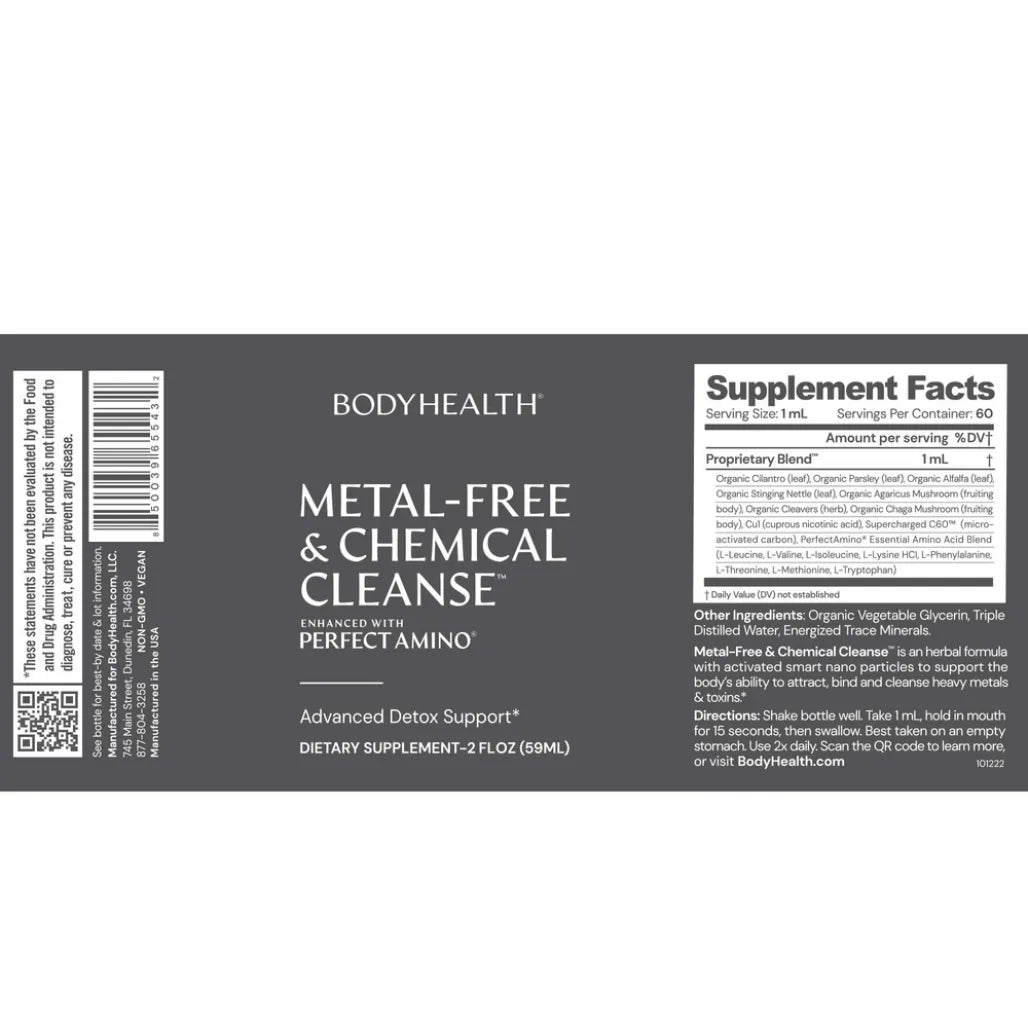 BodyHealth Metal-Free and Chemical Cleanse supplement facts label showing ingredients and PerfectAmino blend