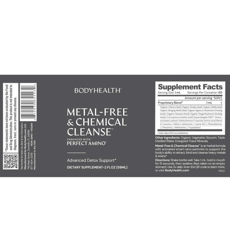 BodyHealth Metal-Free and Chemical Cleanse supplement facts label showing ingredients and PerfectAmino blend