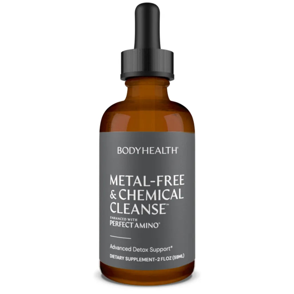 BodyHealth Metal-Free and Chemical Cleanse liquid supplement bottle with dropper for advanced detox support.