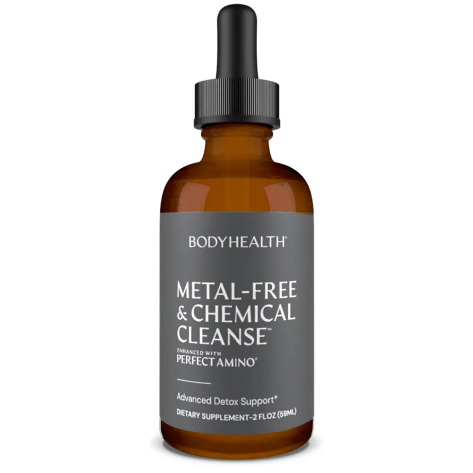 BodyHealth Metal-Free and Chemical Cleanse liquid supplement bottle with dropper for advanced detox support.