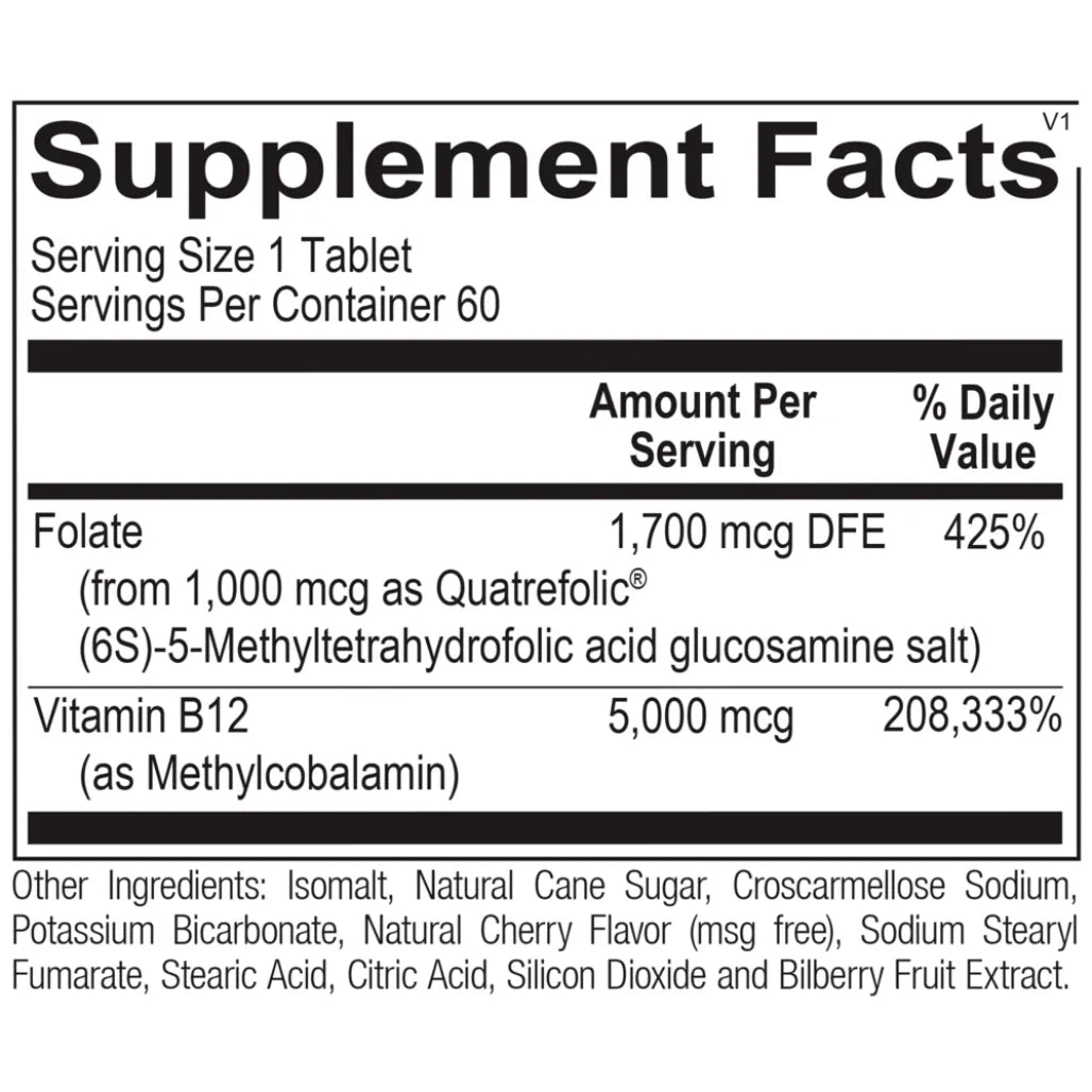 Supplement facts and ingredients label for Ortho Molecular Products Methyl B12 showing folate and vitamin B12 amounts per tablet.