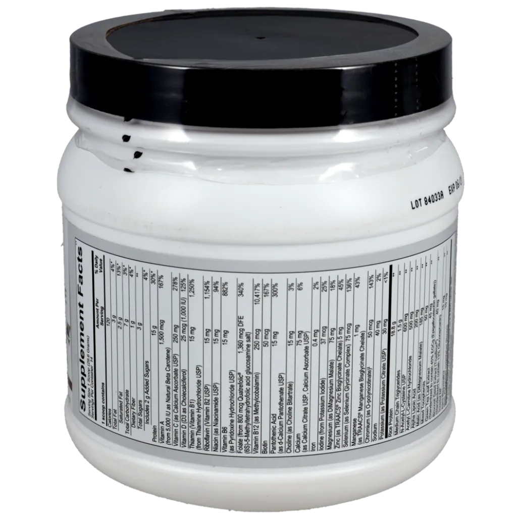 MitoCORE Protein Blend Strawberry supplement facts and ingredients label showing key nutrients per scoop