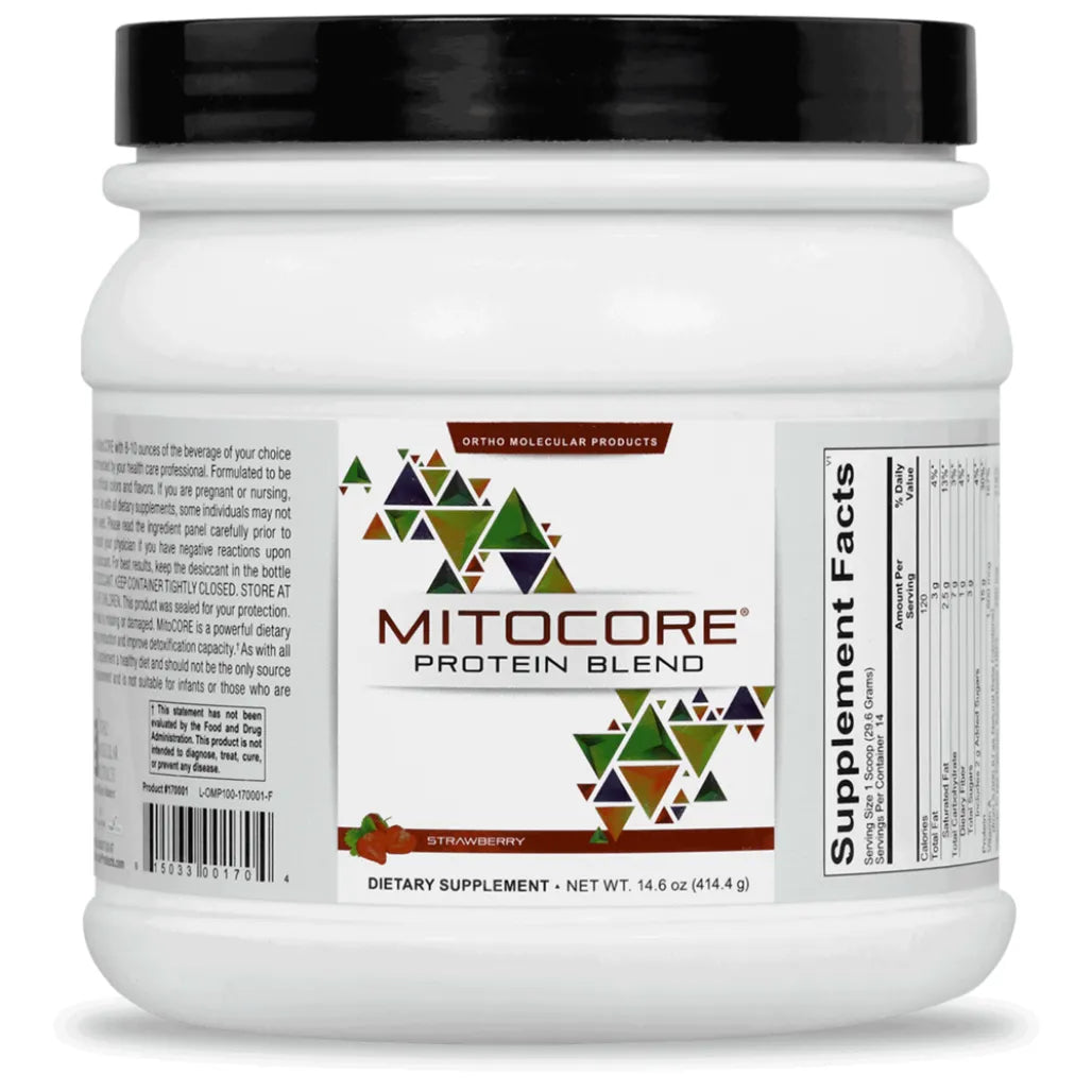 MitoCORE Protein Blend Strawberry nutritional support powder container by Ortho Molecular Products
