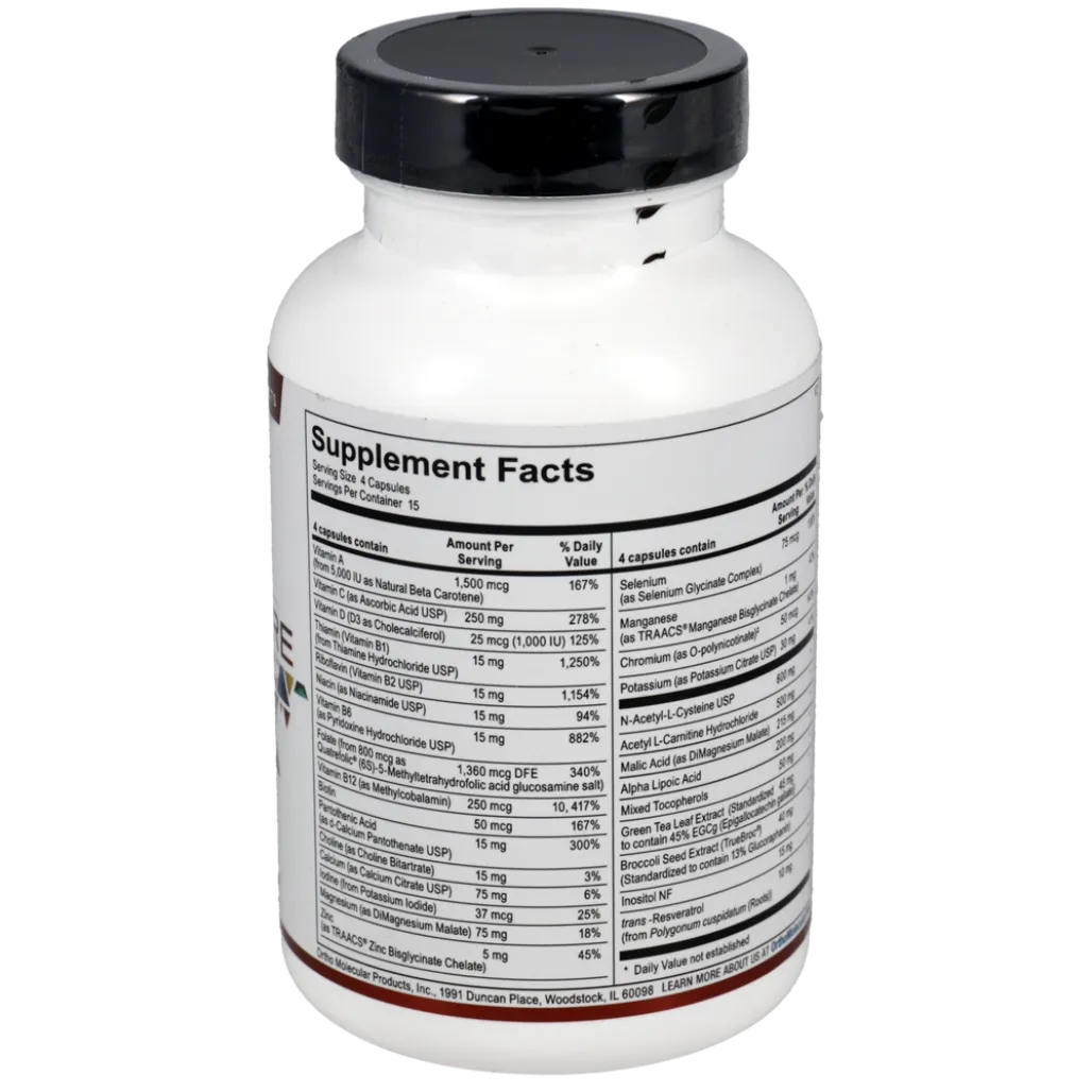 Mitocore supplement facts and ingredients label showing key vitamins, minerals, antioxidants, and amino acids per serving.