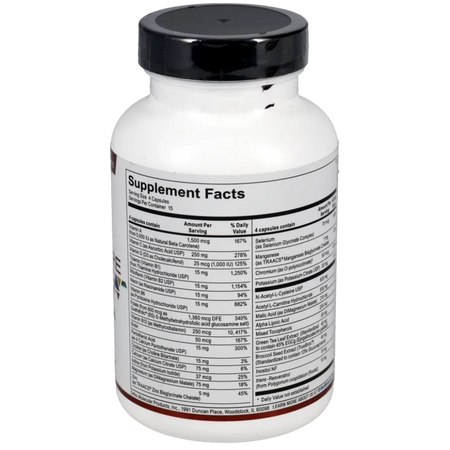 Mitocore supplement facts and ingredients label showing key vitamins, minerals, antioxidants, and amino acids per serving.