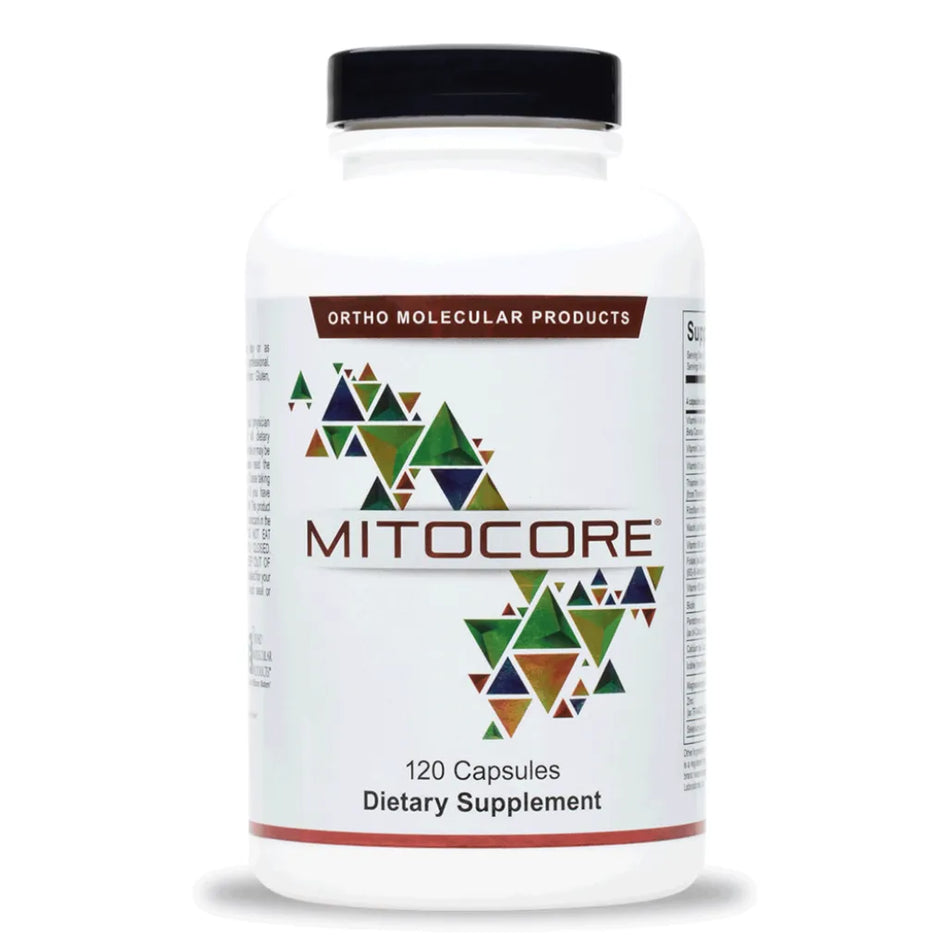 Ortho Molecular Products Mitocore cellular energy support supplement with antioxidants and micronutrients for mitochondrial function.