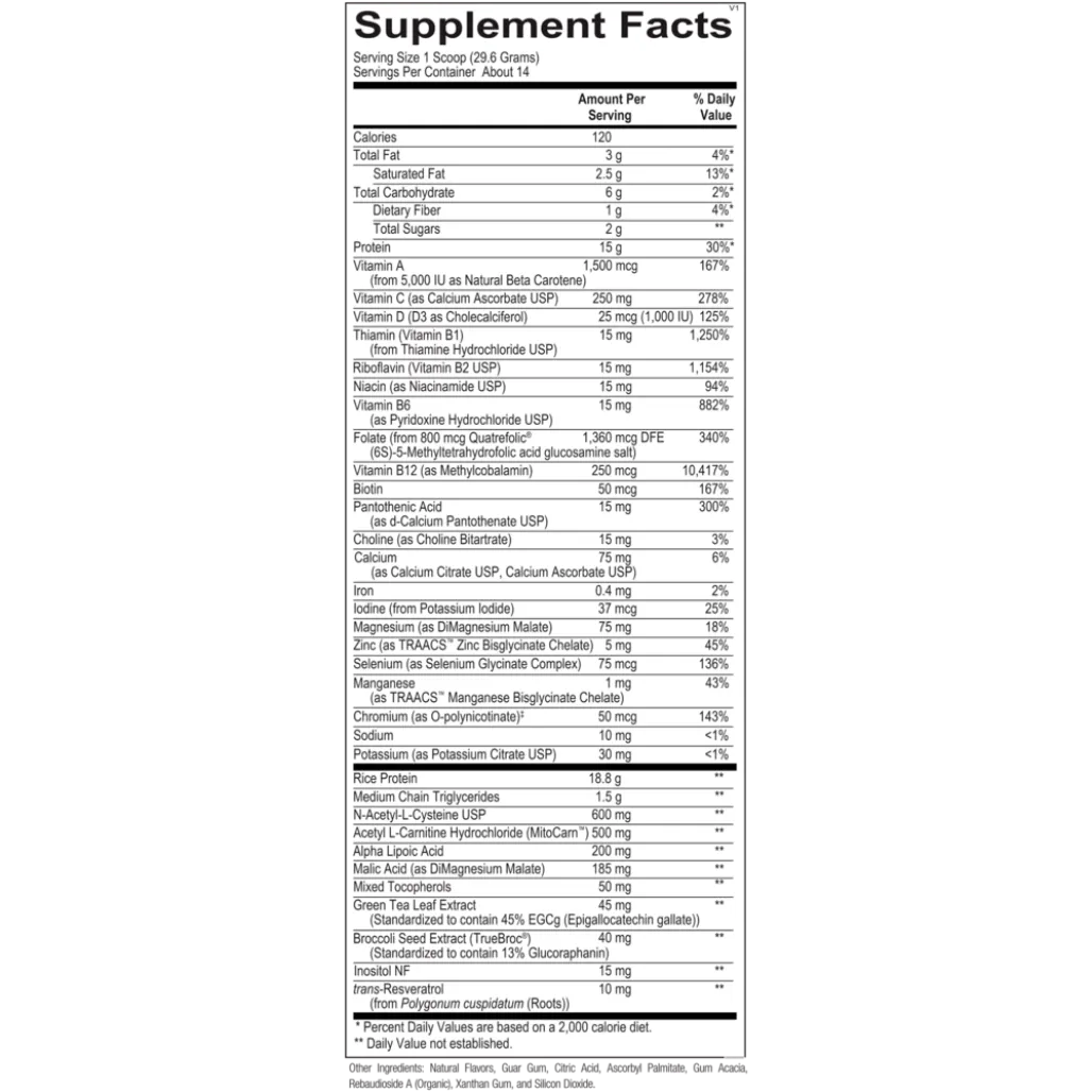 Supplement facts and ingredients label for Ortho Molecular MitoCORE Protein Blend Lemon powder showing key nutrients per scoop.