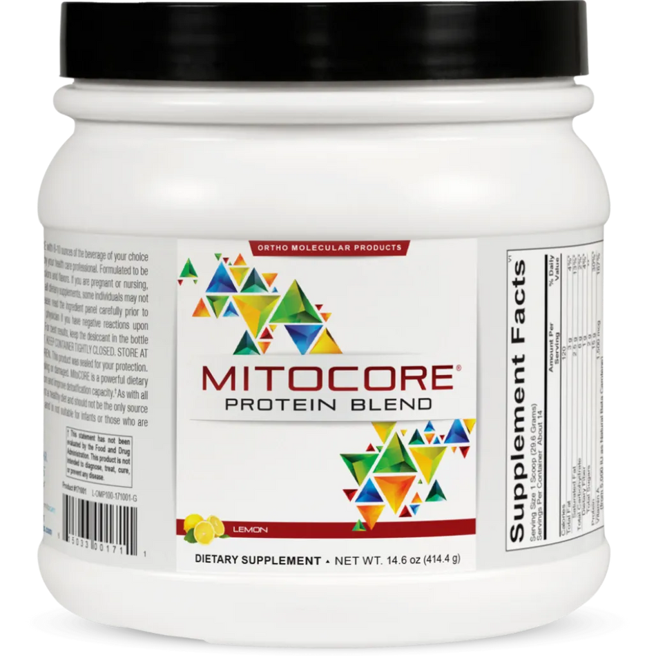 MitoCORE Protein Blend Lemon mitochondrial support formula with micronutrients and protein by Ortho Molecular Products.