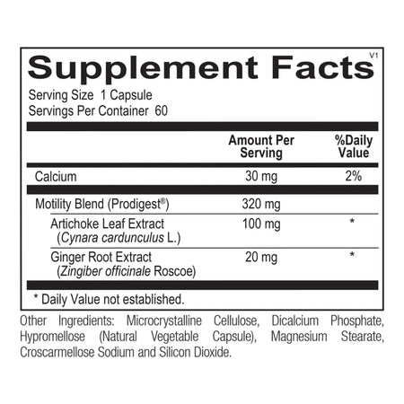 Motility PRO supplement facts and ingredients label showing main active ingredients per capsule.