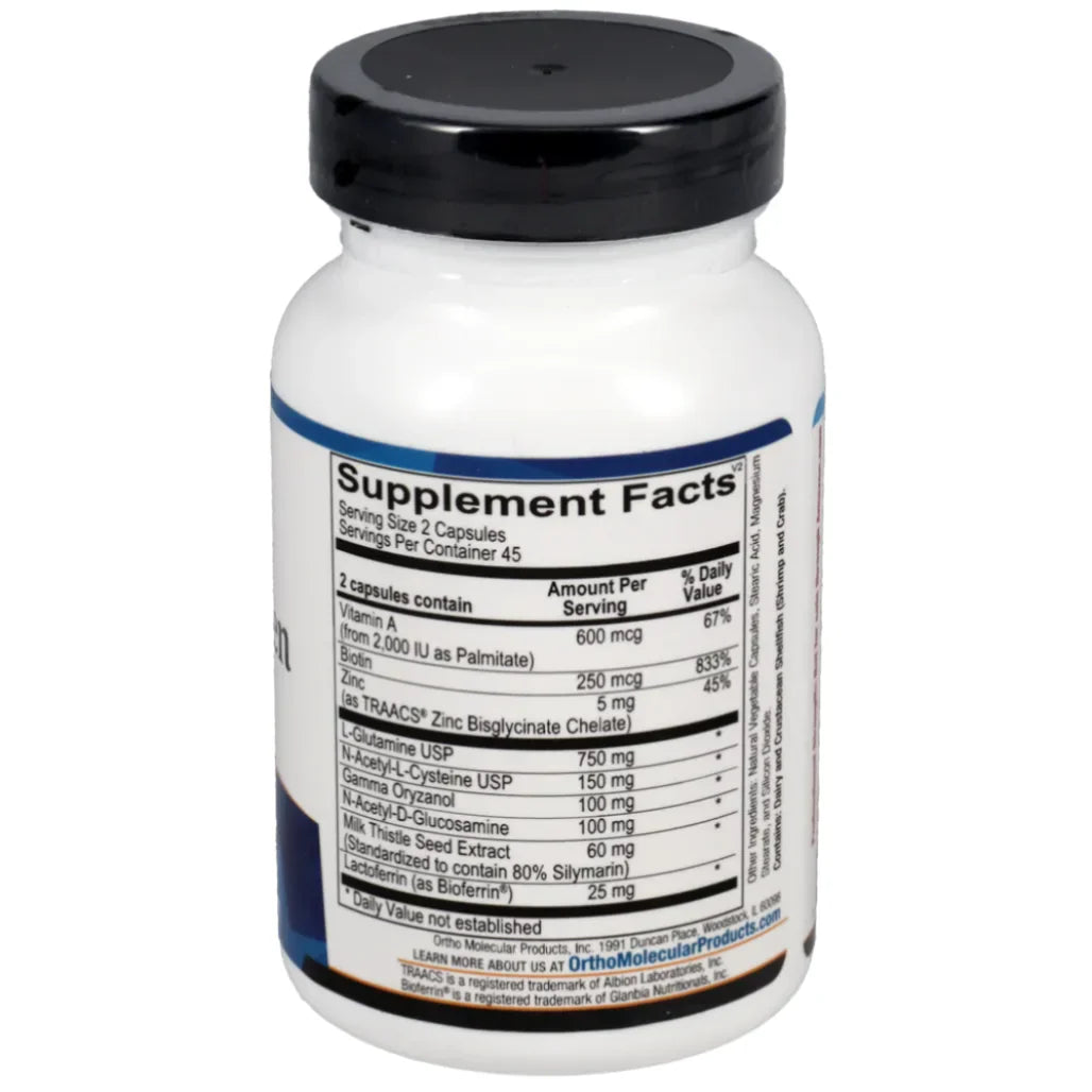 Mucosagen ingredients and supplement facts label showing active nutrient amounts per serving