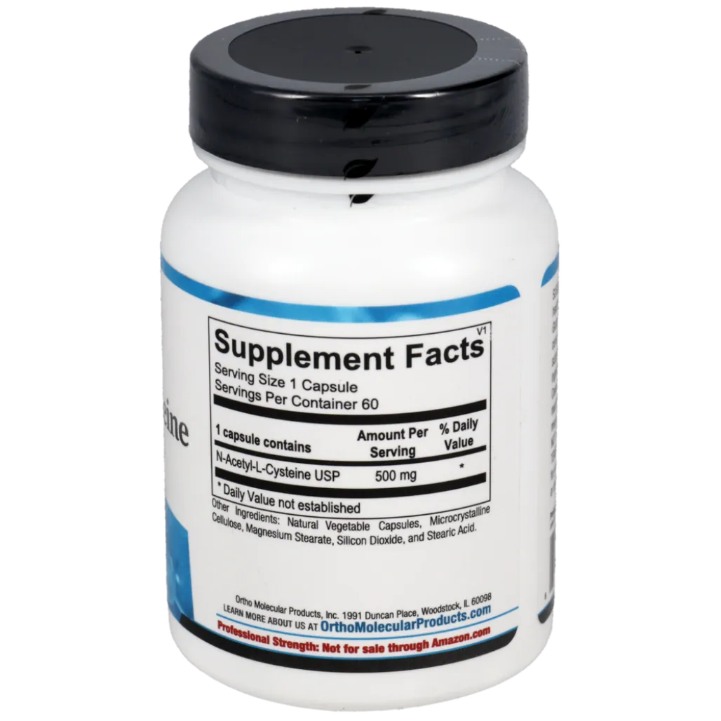 Supplement facts panel for N‑Acetyl‑Cysteine by Ortho Molecular Products showing active NAC antioxidant amino acid and other capsule components.