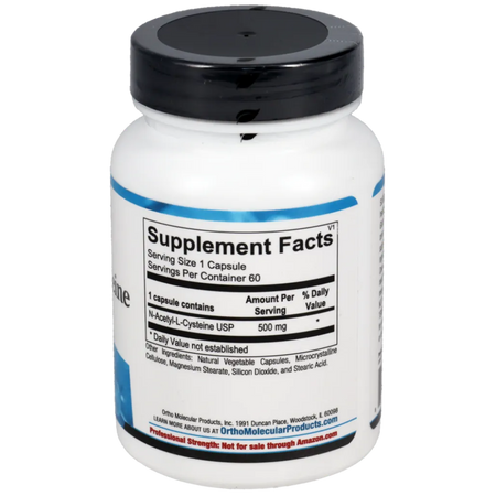 Supplement facts panel for N‑Acetyl‑Cysteine by Ortho Molecular Products showing active NAC antioxidant amino acid and other capsule components.