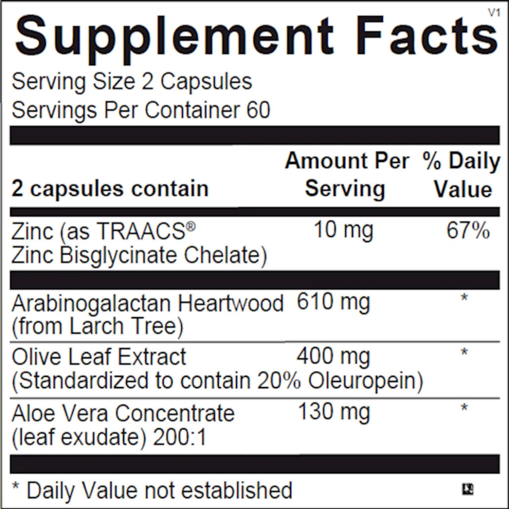 NK-Stim supplement facts label listing zinc, larch arabinogalactan, olive leaf extract and aloe vera leaf gel per serving