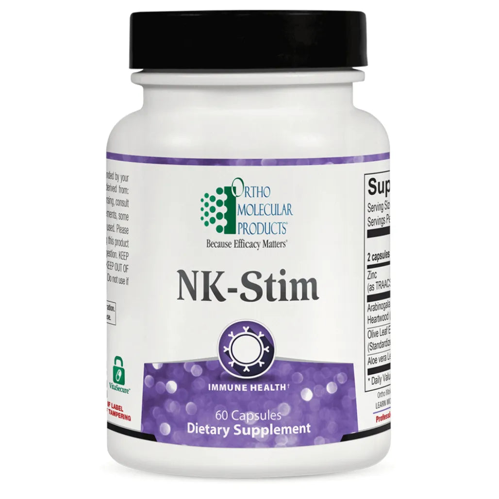NK-Stim immune system support supplement by Ortho Molecular Products with larch arabinogalactan, olive leaf extract, aloe vera, and chelated zinc