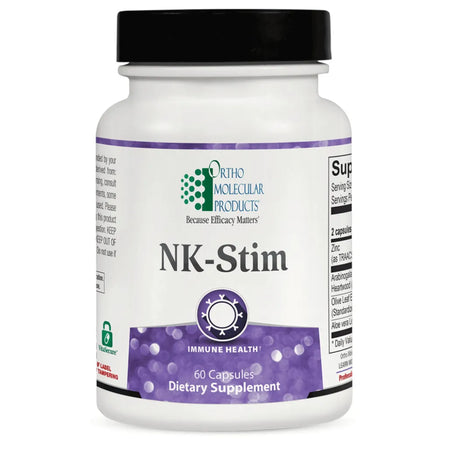NK-Stim immune system support supplement by Ortho Molecular Products with larch arabinogalactan, olive leaf extract, aloe vera, and chelated zinc