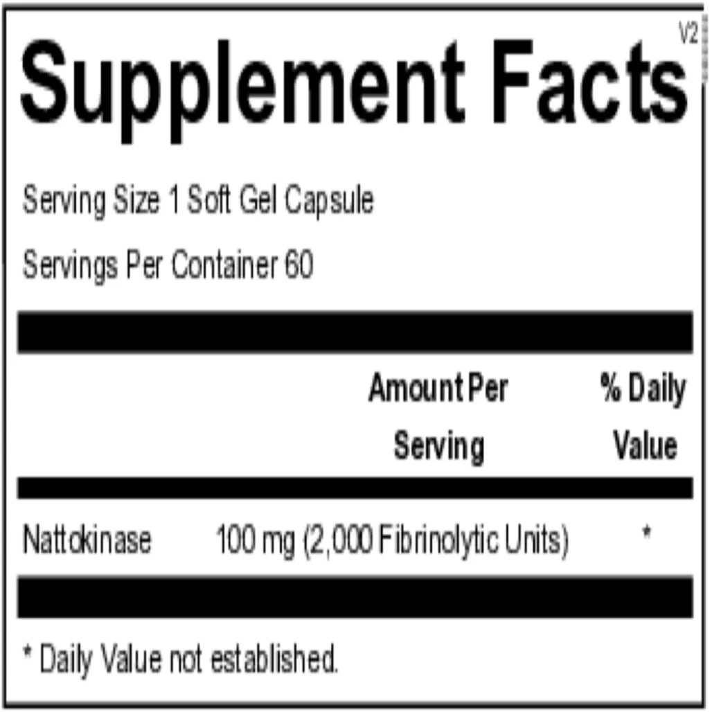 Supplement facts and ingredients label for Ortho Molecular Products Nattokinase showing enzyme amount and softgel components.
