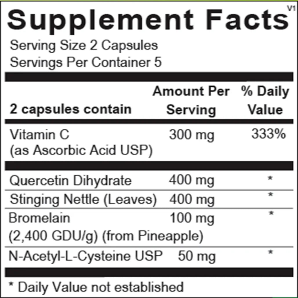 Natural D‑Hist Blister Packs ingredients and supplement facts label showing active ingredients per 2‑capsule serving