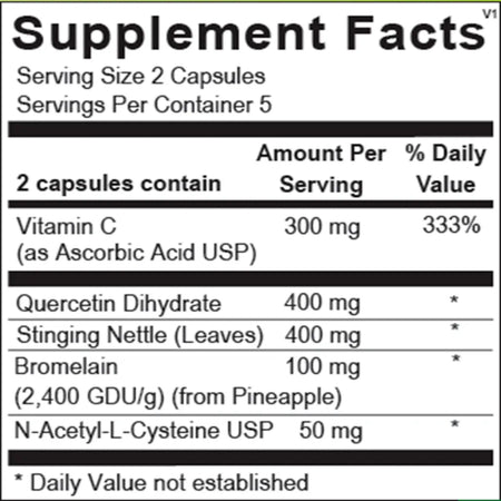 Natural D‑Hist Blister Packs ingredients and supplement facts label showing active ingredients per 2‑capsule serving