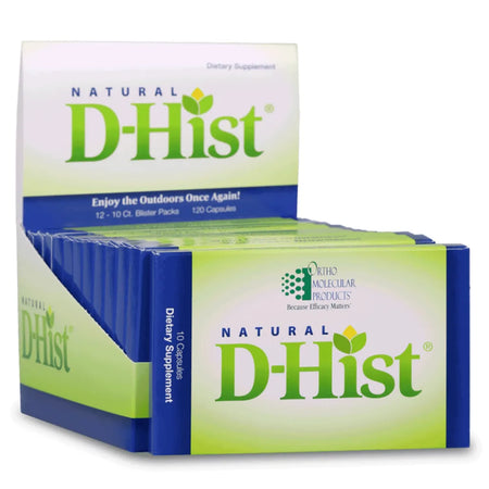 Natural D‑Hist blister packs supplement by Ortho Molecular Products showing individual blister card packaging.