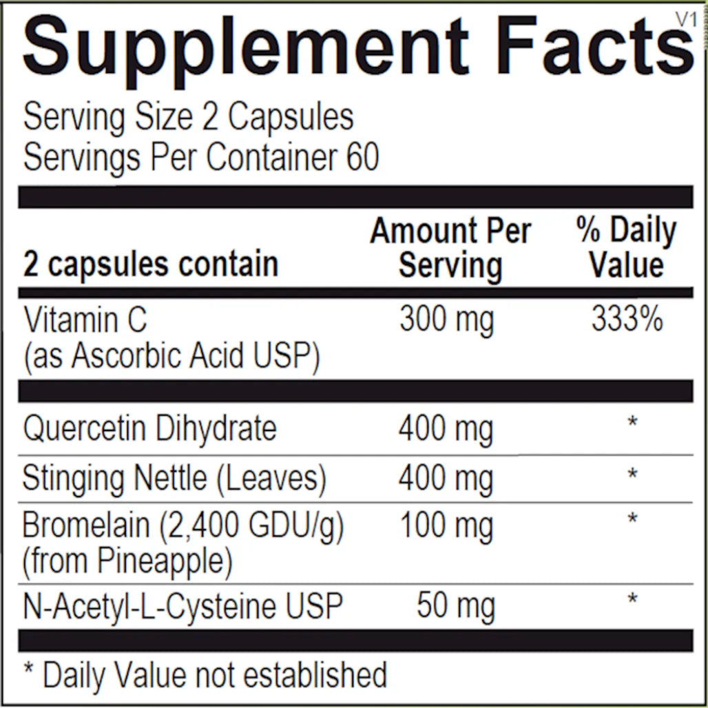 Ingredients and supplement facts for Natural D‑Hist histamine and sinus support capsules showing key plant extracts and nutrients per serving.