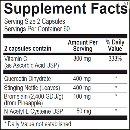 Ingredients and supplement facts for Natural D‑Hist histamine and sinus support capsules showing key plant extracts and nutrients per serving.