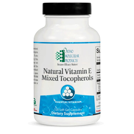 Ortho Molecular Products Natural Vitamin E Mixed Tocopherols fat‑soluble antioxidant formula for cardiovascular, immune, and nervous system support.