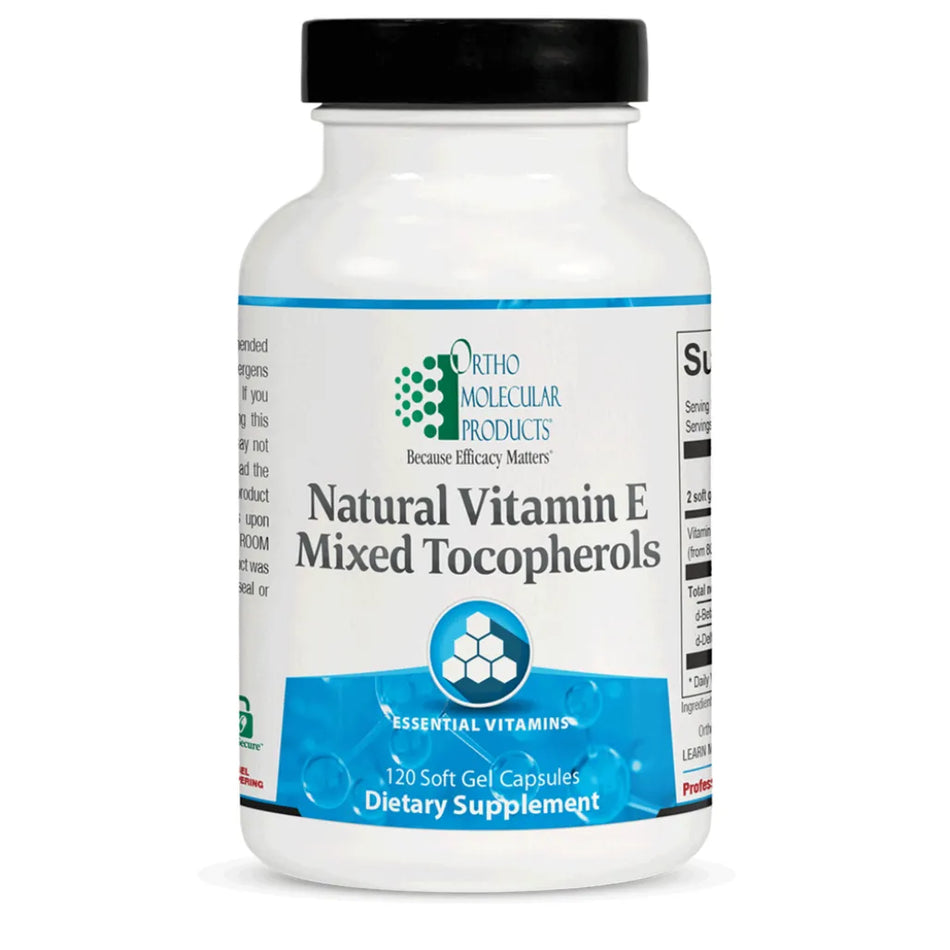 Ortho Molecular Products Natural Vitamin E Mixed Tocopherols fat‑soluble antioxidant formula for cardiovascular, immune, and nervous system support.