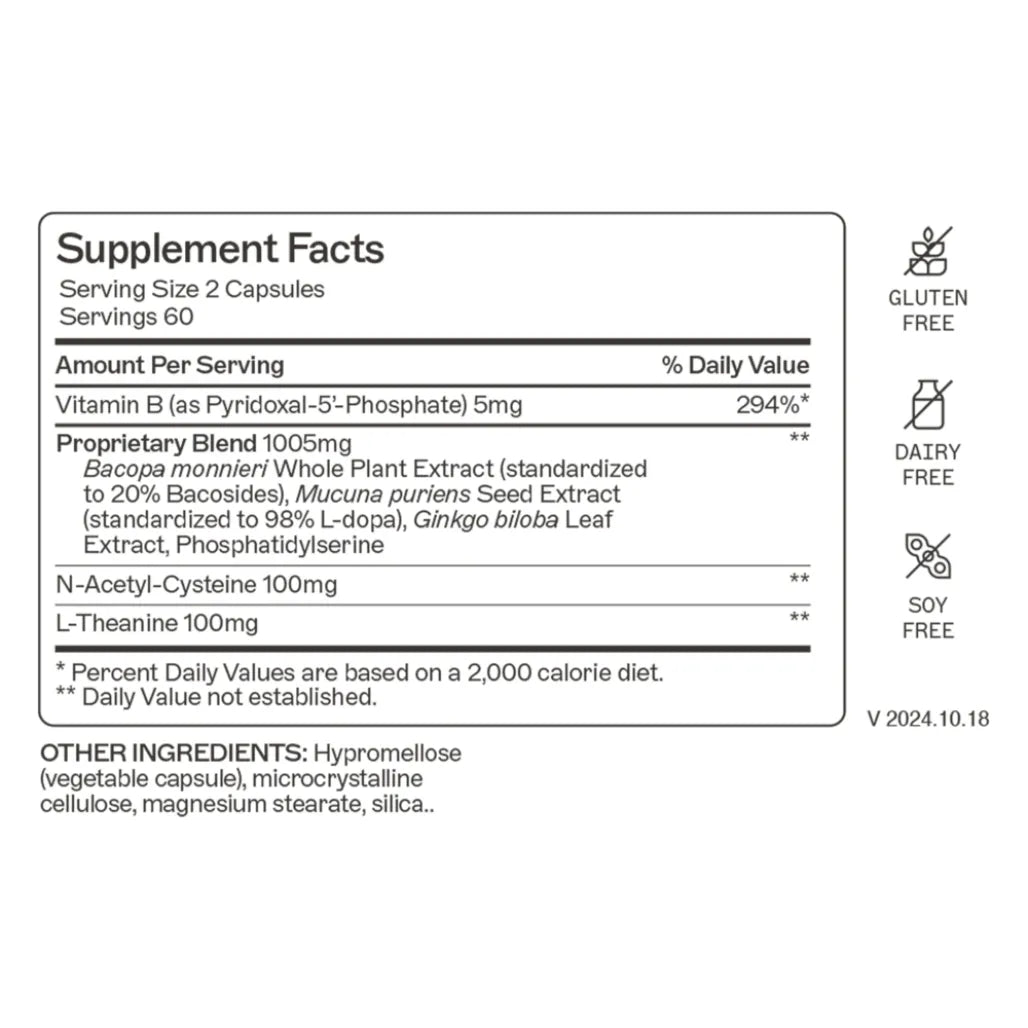 Supplement Facts label of AM MD NeuroLive showing vitamin B6, bacopa monnieri, mucuna pruriens, ginkgo biloba, NAC, and L-theanine