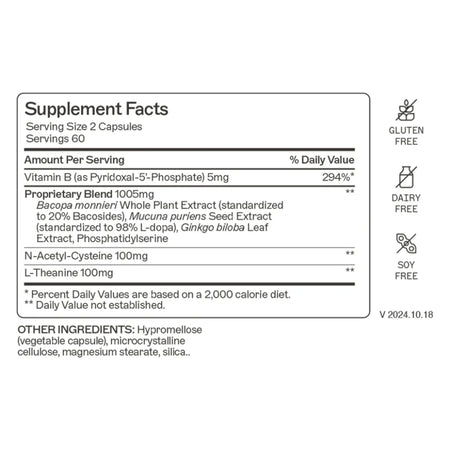 Supplement Facts label of AM MD NeuroLive showing vitamin B6, bacopa monnieri, mucuna pruriens, ginkgo biloba, NAC, and L-theanine