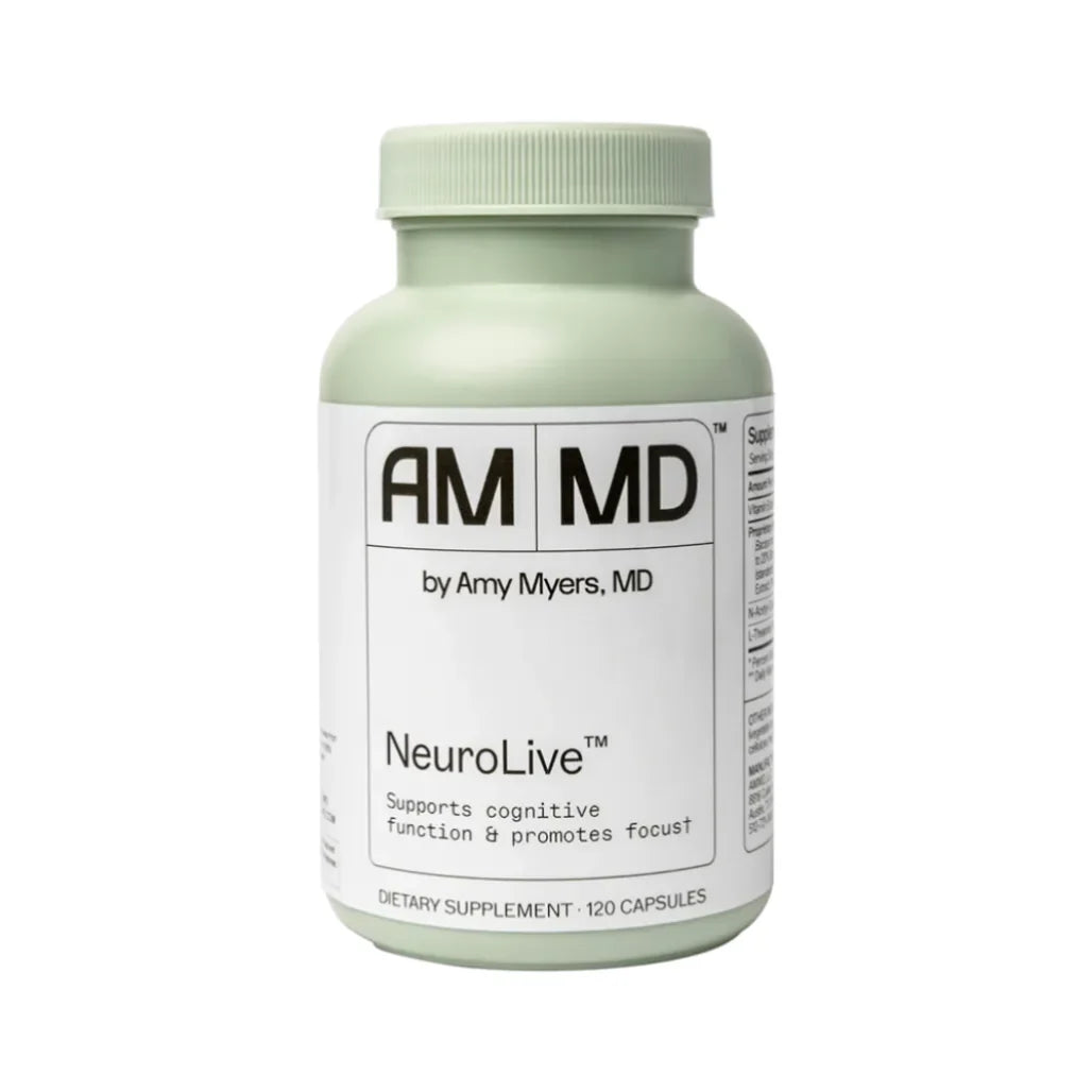 AM MD NeuroLive dietary supplement bottle by Amy Myers MD supporting cognitive function, focus, and brain health with 120 capsules