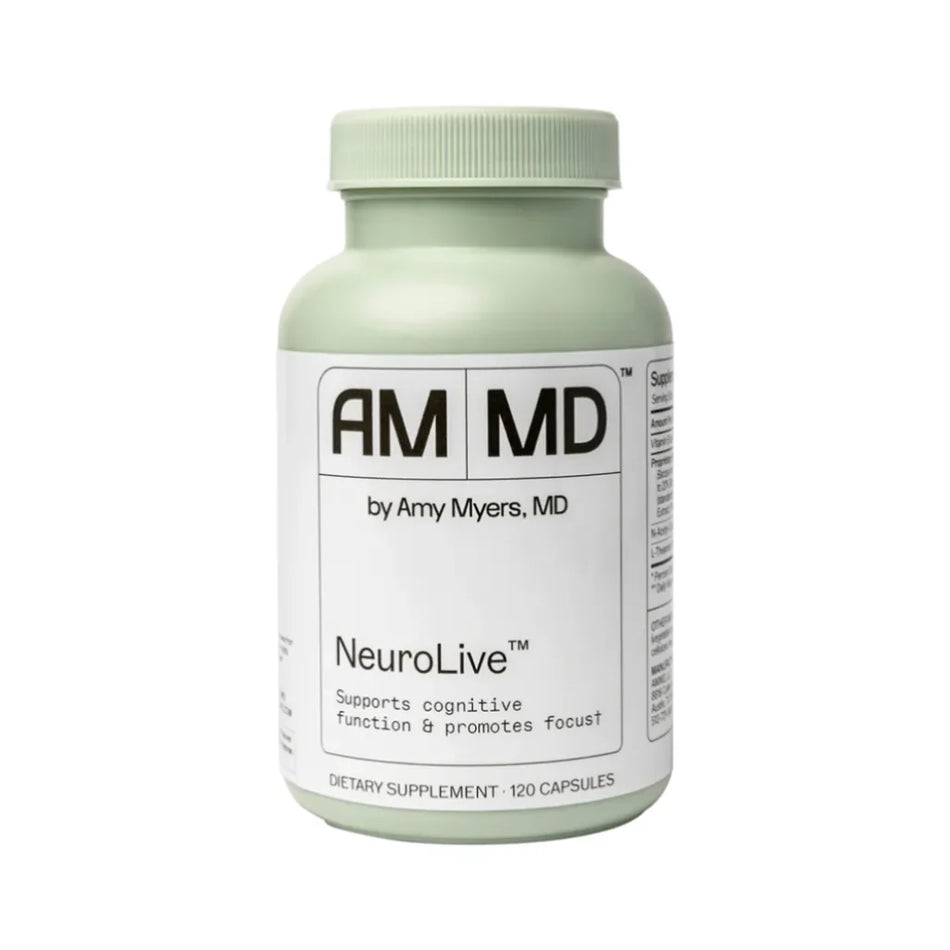 AM MD NeuroLive dietary supplement bottle by Amy Myers MD supporting cognitive function, focus, and brain health with 120 capsules