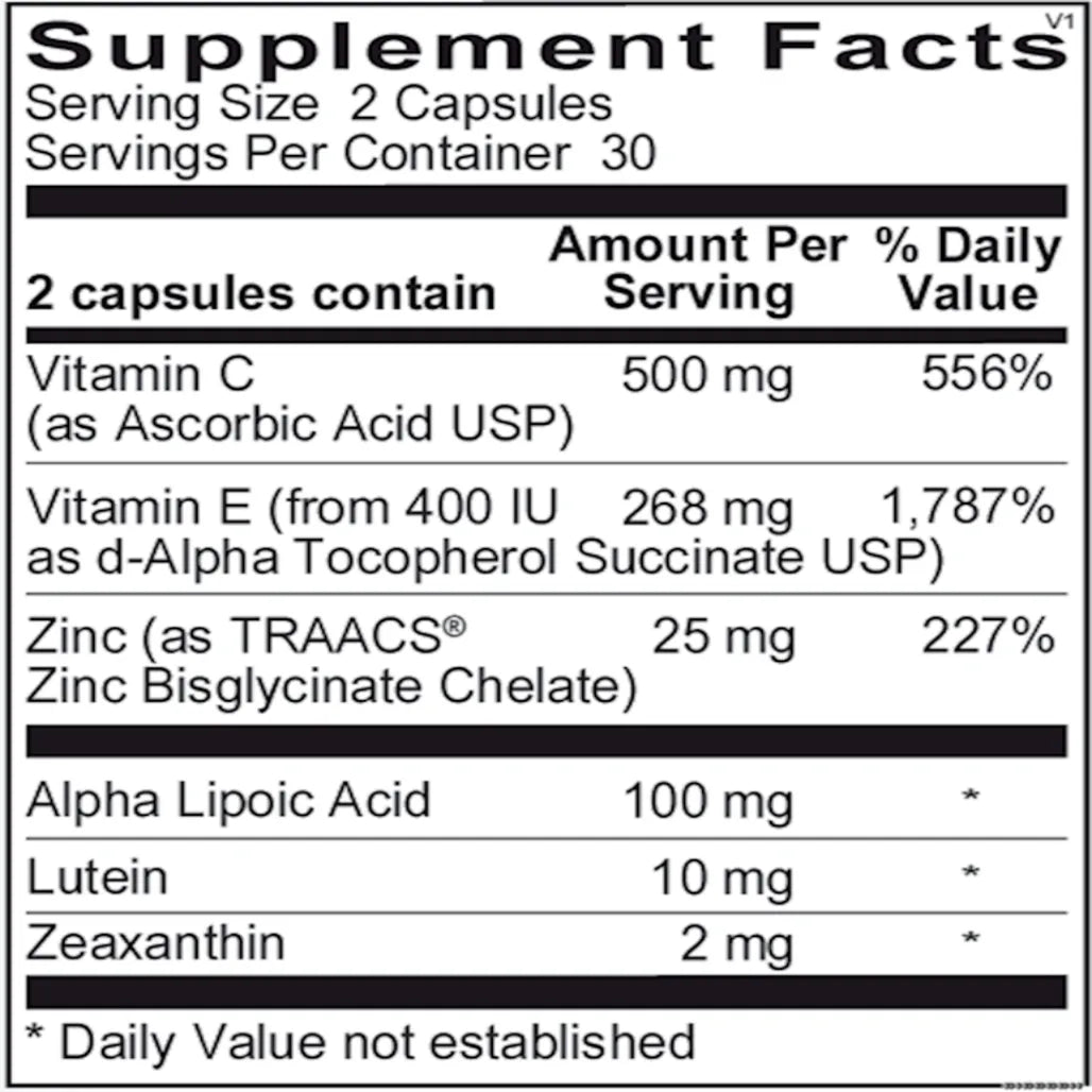 OcuView eye health supplement with vitamin C, vitamin E, zinc bisglycinate, alpha lipoic acid, lutein and zeaxanthin by Ortho Molecular Products