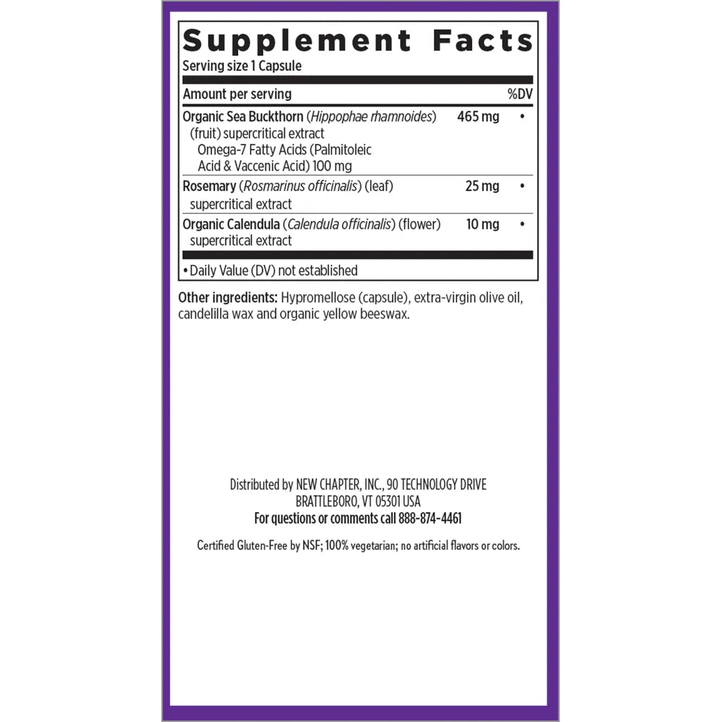 Ingredients of Omega 7 dietary supplement - organic sea buckthorn, rosemary, organic calendula