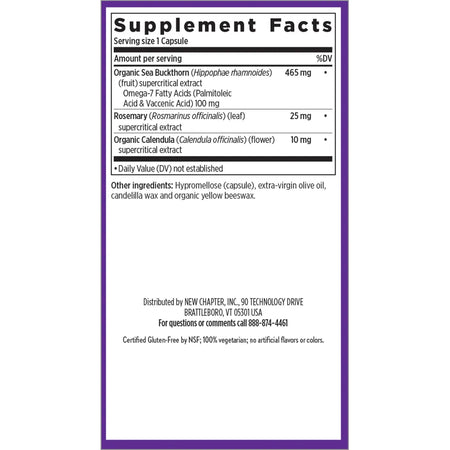 Ingredients of Omega 7 dietary supplement - organic sea buckthorn, rosemary, organic calendula