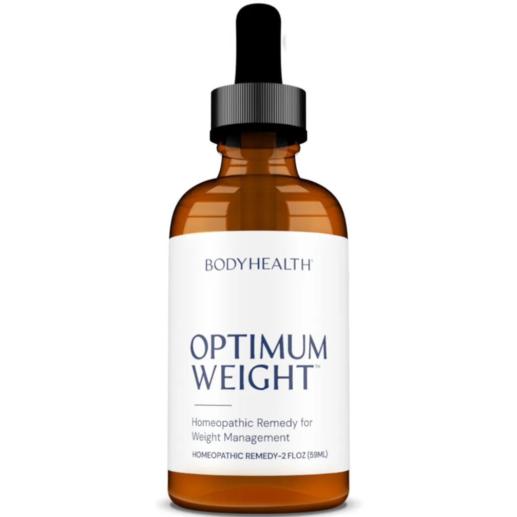 BodyHealth Optimum Weight homeopathic remedy for weight management liquid supplement bottle with dropper.