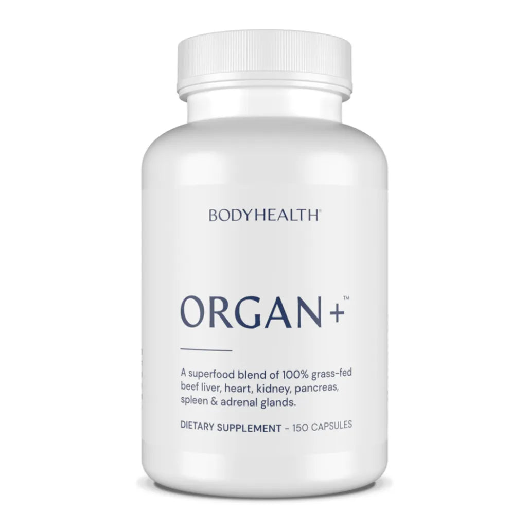 BodyHealth Organ+ superfood blend of 100% grass-fed beef liver, heart, kidney, pancreas, spleen and adrenal glands dietary supplement capsules.
