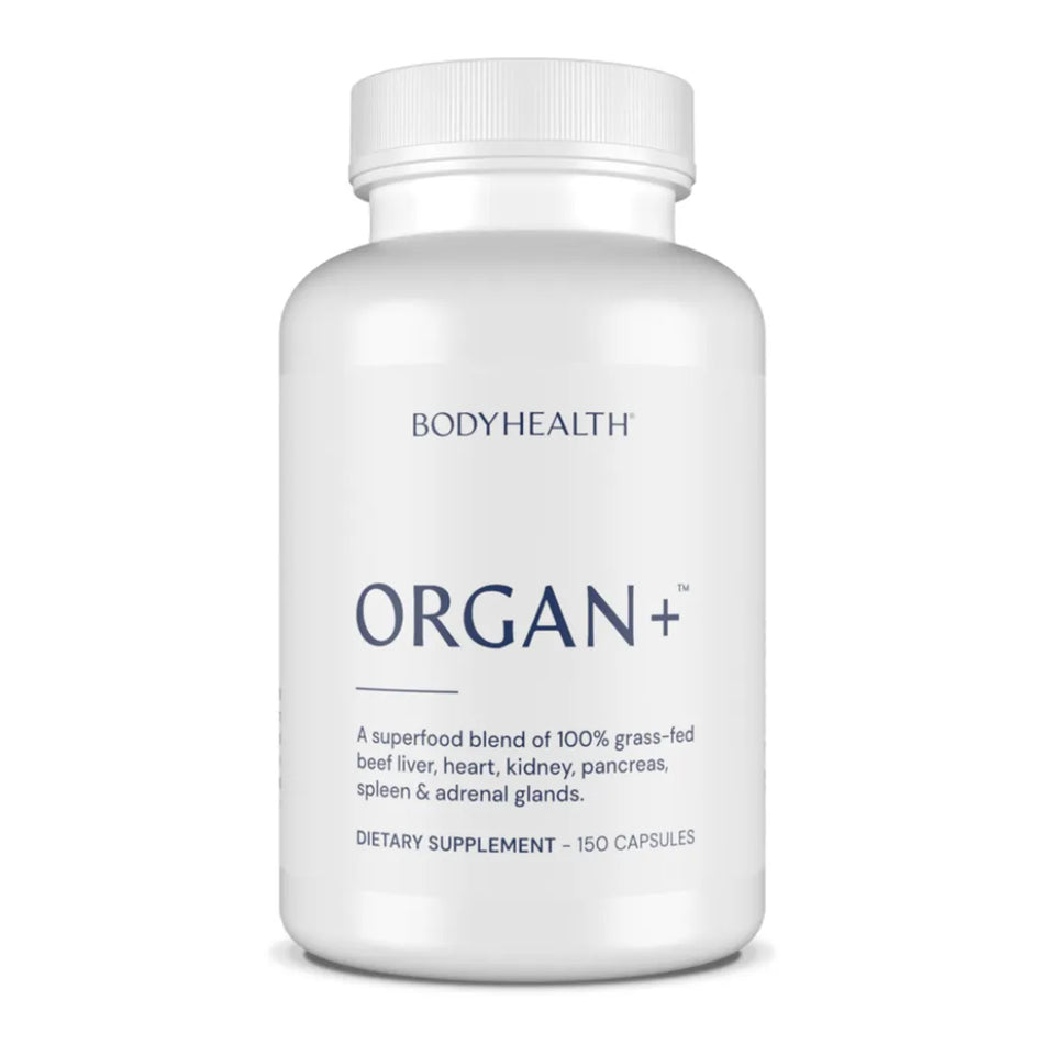 BodyHealth Organ+ superfood blend of 100% grass-fed beef liver, heart, kidney, pancreas, spleen and adrenal glands dietary supplement capsules.
